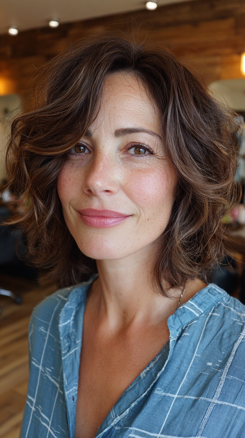 Breezy Chestnut Waves with Sunkissed Highlights