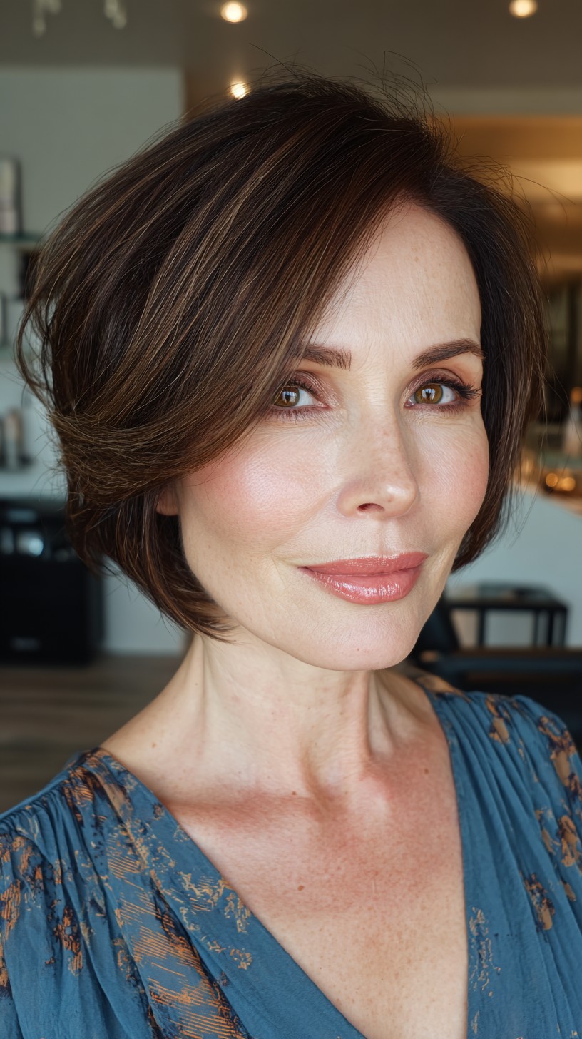 Brunette Feathered Bob with Subtle Highlights