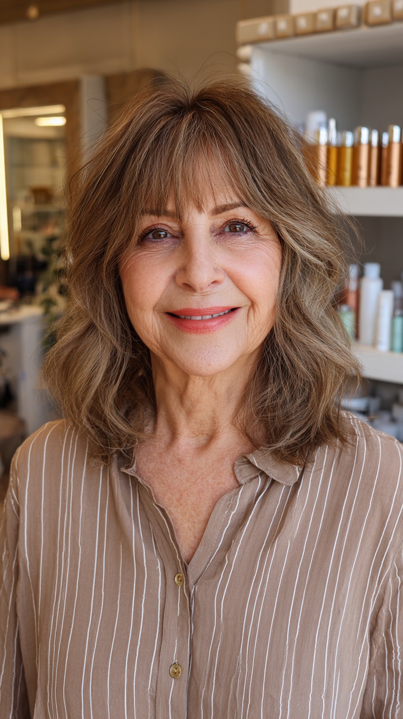 Brunette Textured Lob with Soft Fringe