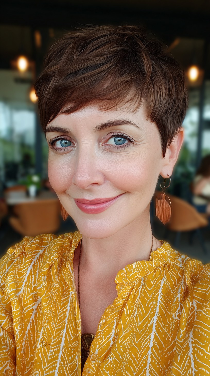 Brunette Textured Pixie with Sweeping Bangs