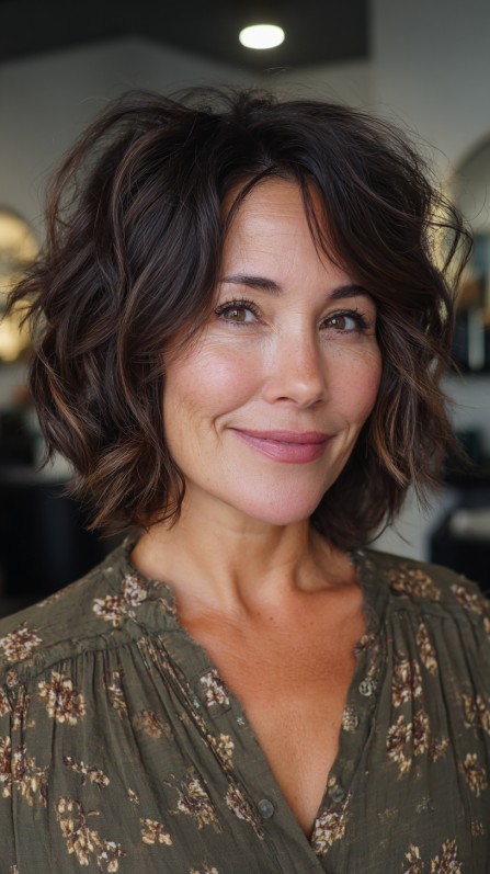 Chic Chocolate Wavy Bob with Ruffled Texture