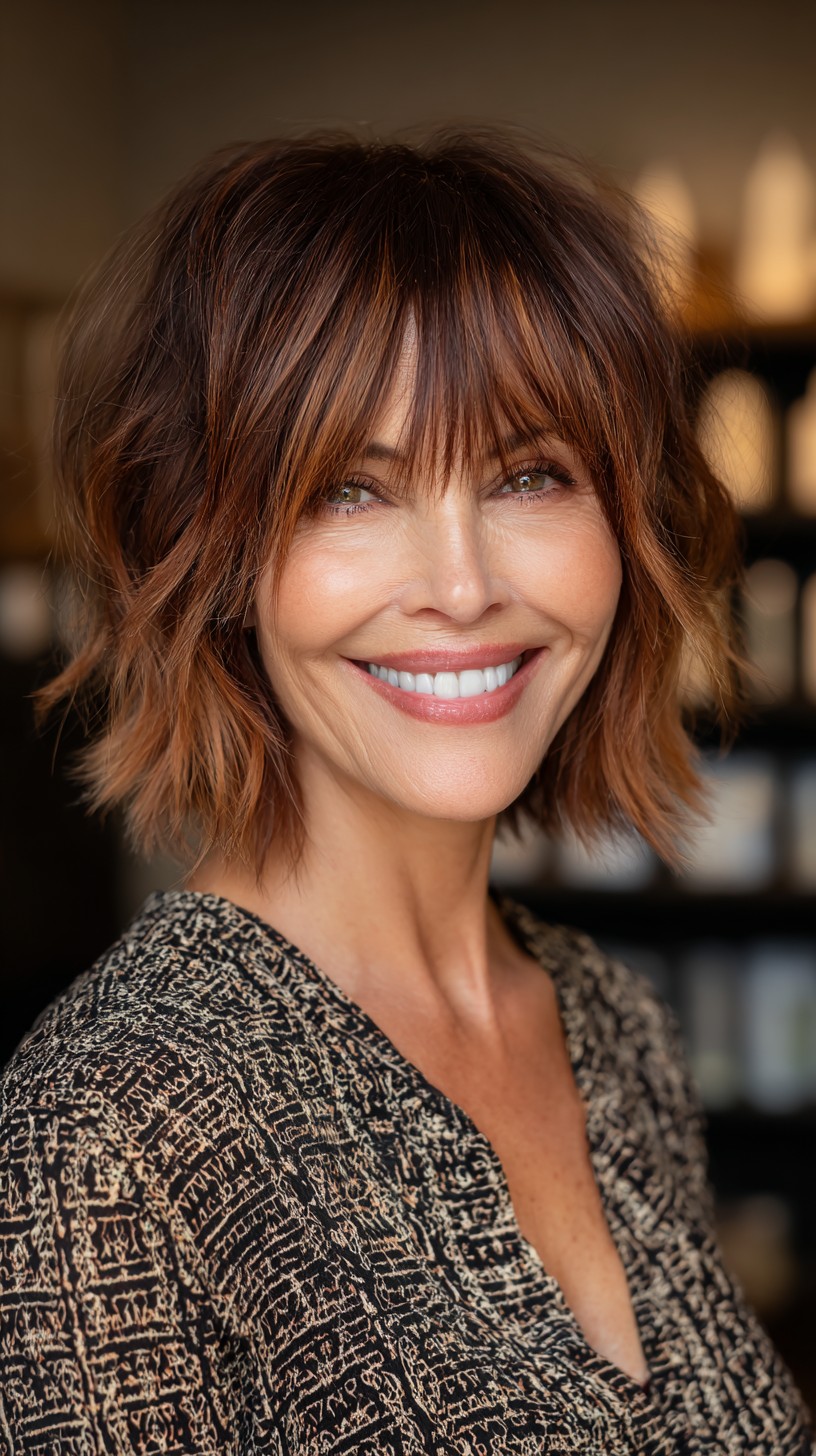 Copper-Toned Shaggy Bob with Wispy Bangs
