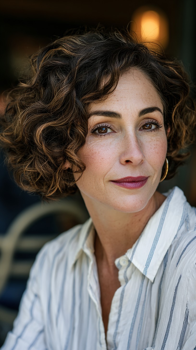 Curly Chestnut Bob with Natural Highlights