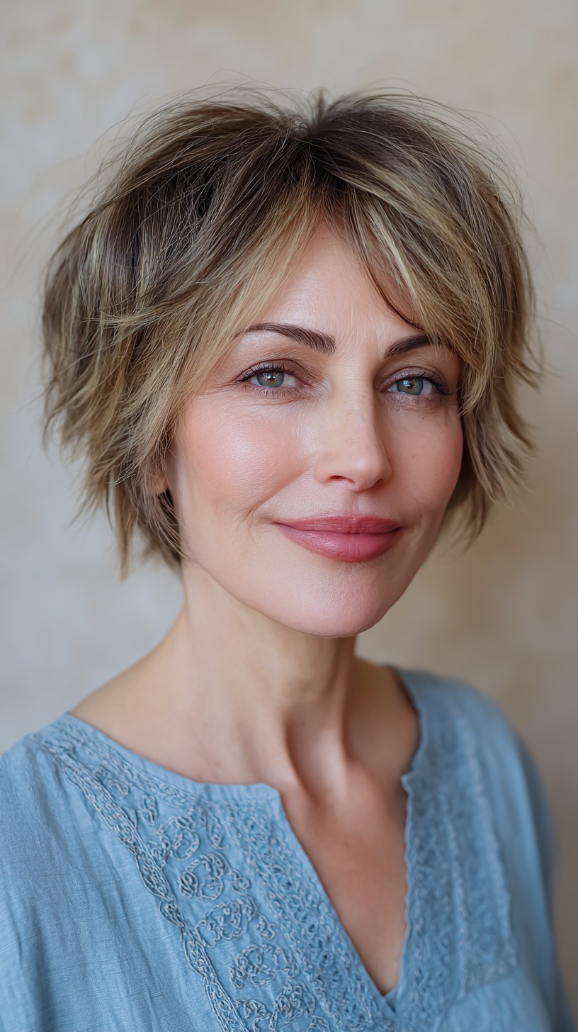 Effortless Tawny Tousled Bob with Natural Highlights