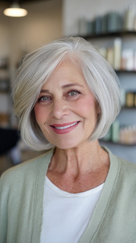 Elegant Platinum Layered Bob for Graceful Aging