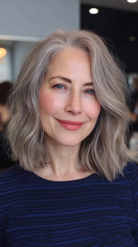 Graceful Silver Mid-Length Shag with Soft Waves
