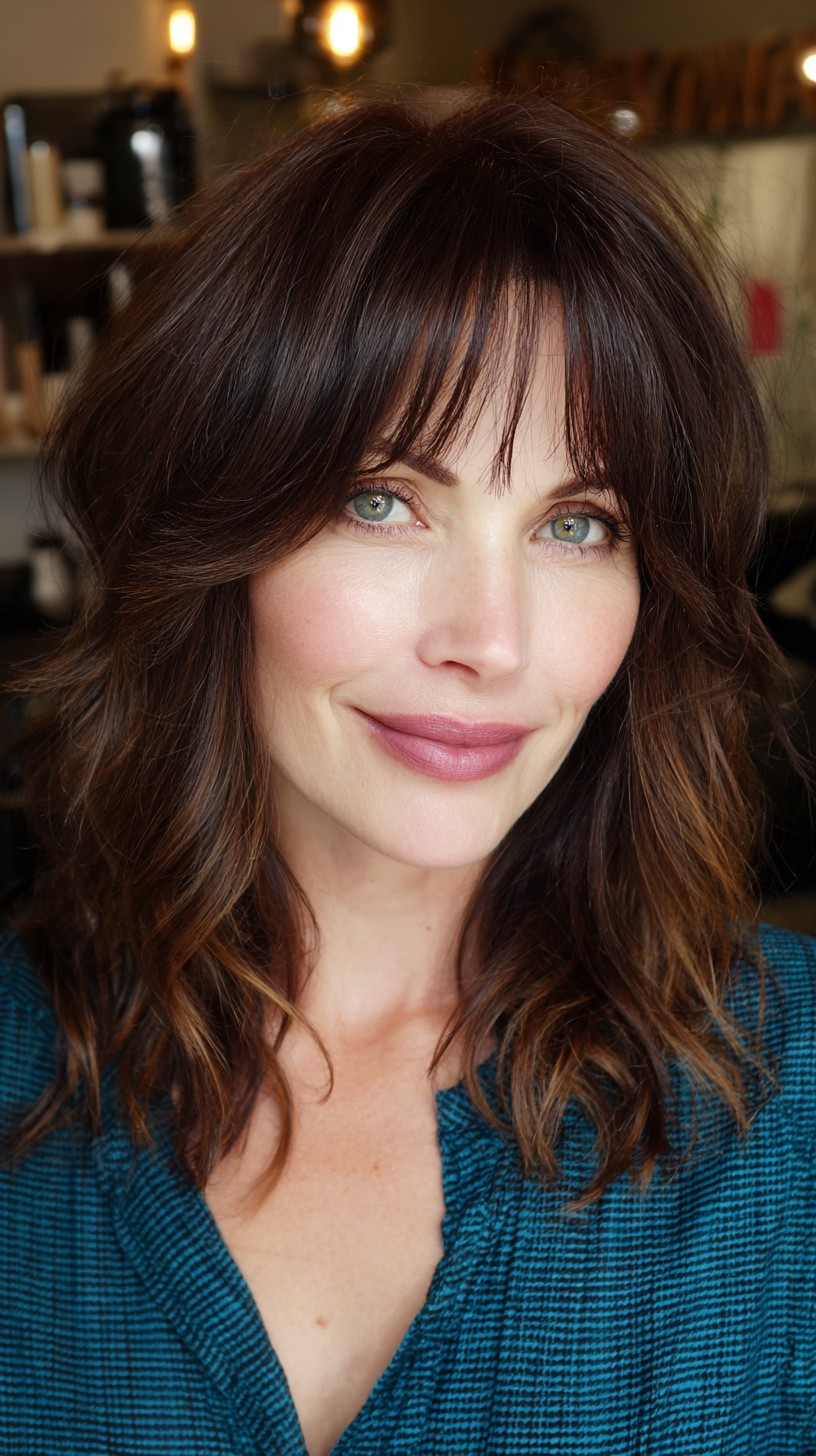 Lustrous Chocolate Waves with Feathered Bangs