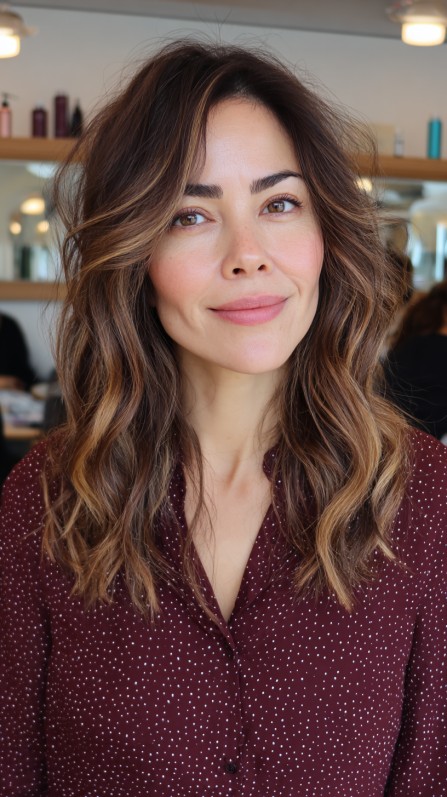 Natural Chestnut Waves with Soft Balayage Highlights