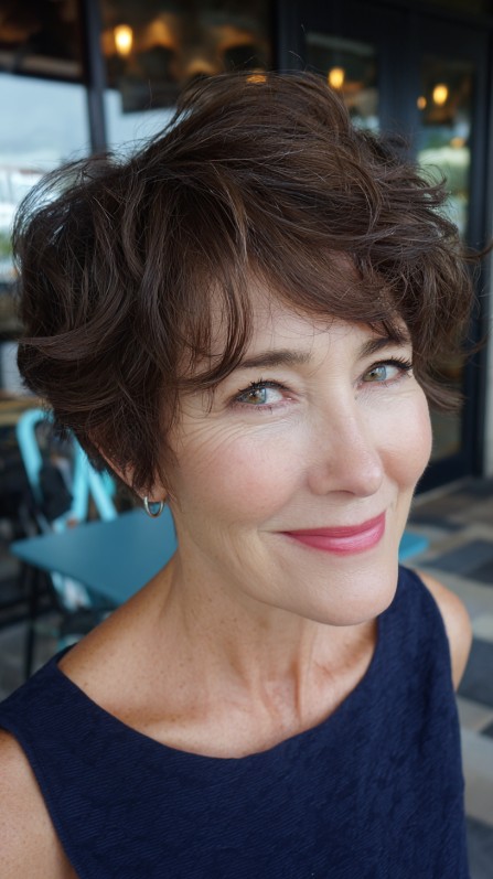 Playful Chocolate Tousled Crop with Wispy Bangs