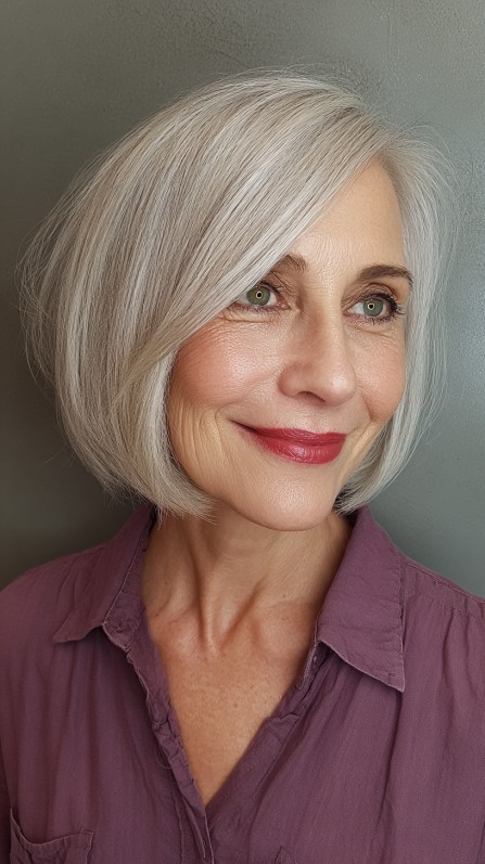 Silky Silver Tapered Bob with Face-Framing Layers