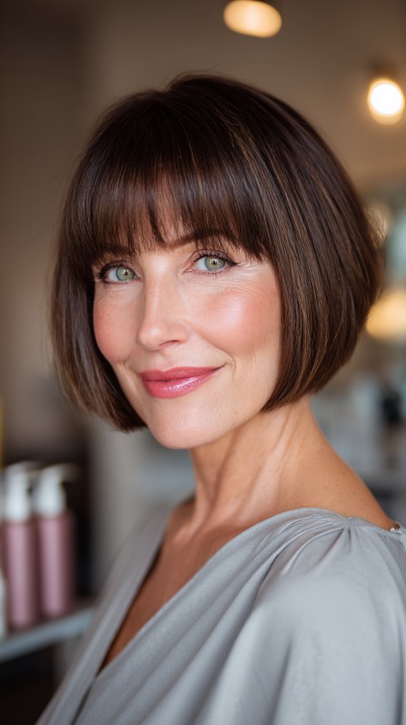 Sleek Chestnut Bob with Precision Bangs