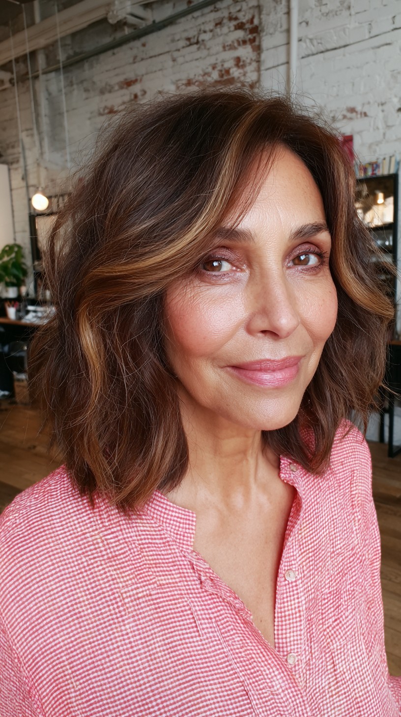 Soft Chestnut Waves with Sunkissed Highlights