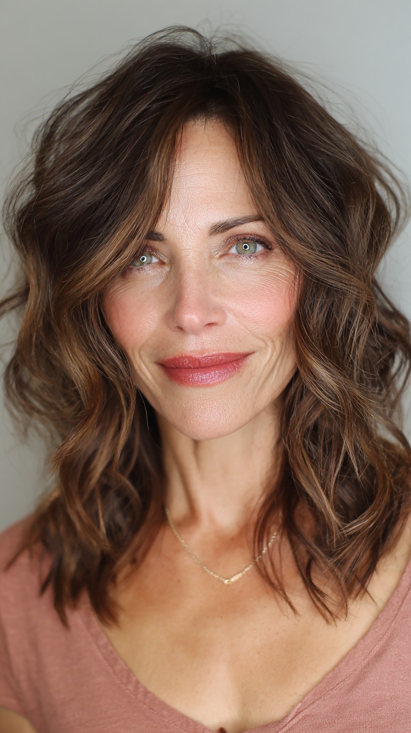 Softly Tousled Caramel Highlights on Layered Brunette Bob