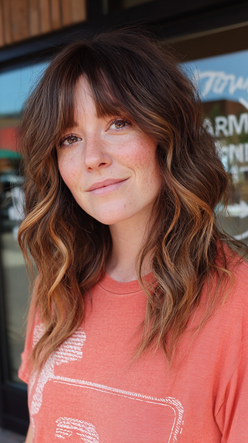 Textured Chestnut Waves with Soft Curtain Bangs