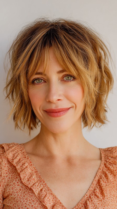 Textured Golden Blonde Shag with Wispy Bangs