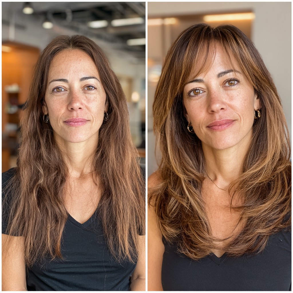 Transformative Face-Framing Layers with Warm Caramel Tones