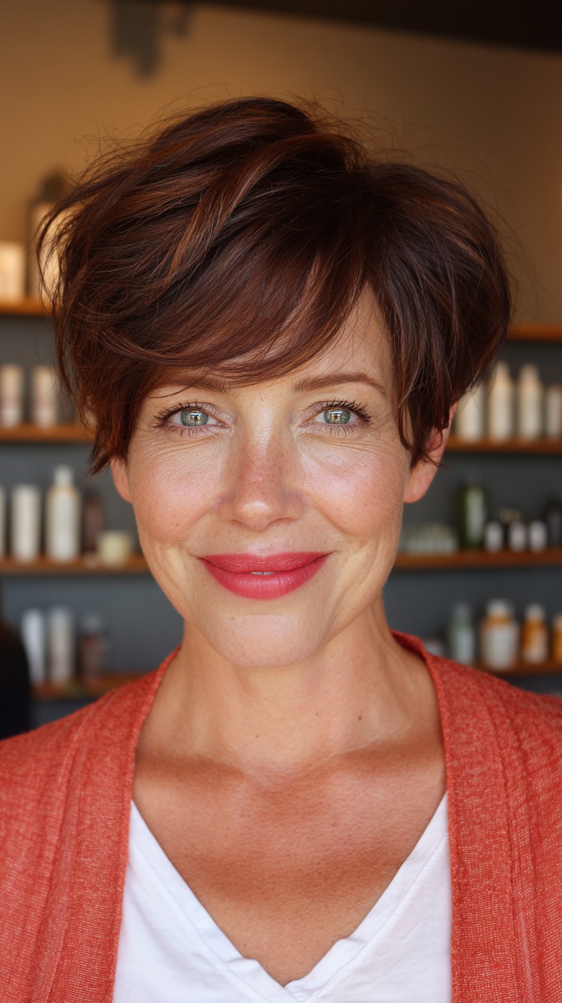 Vibrant Chestnut Textured Crop with Swept Bangs