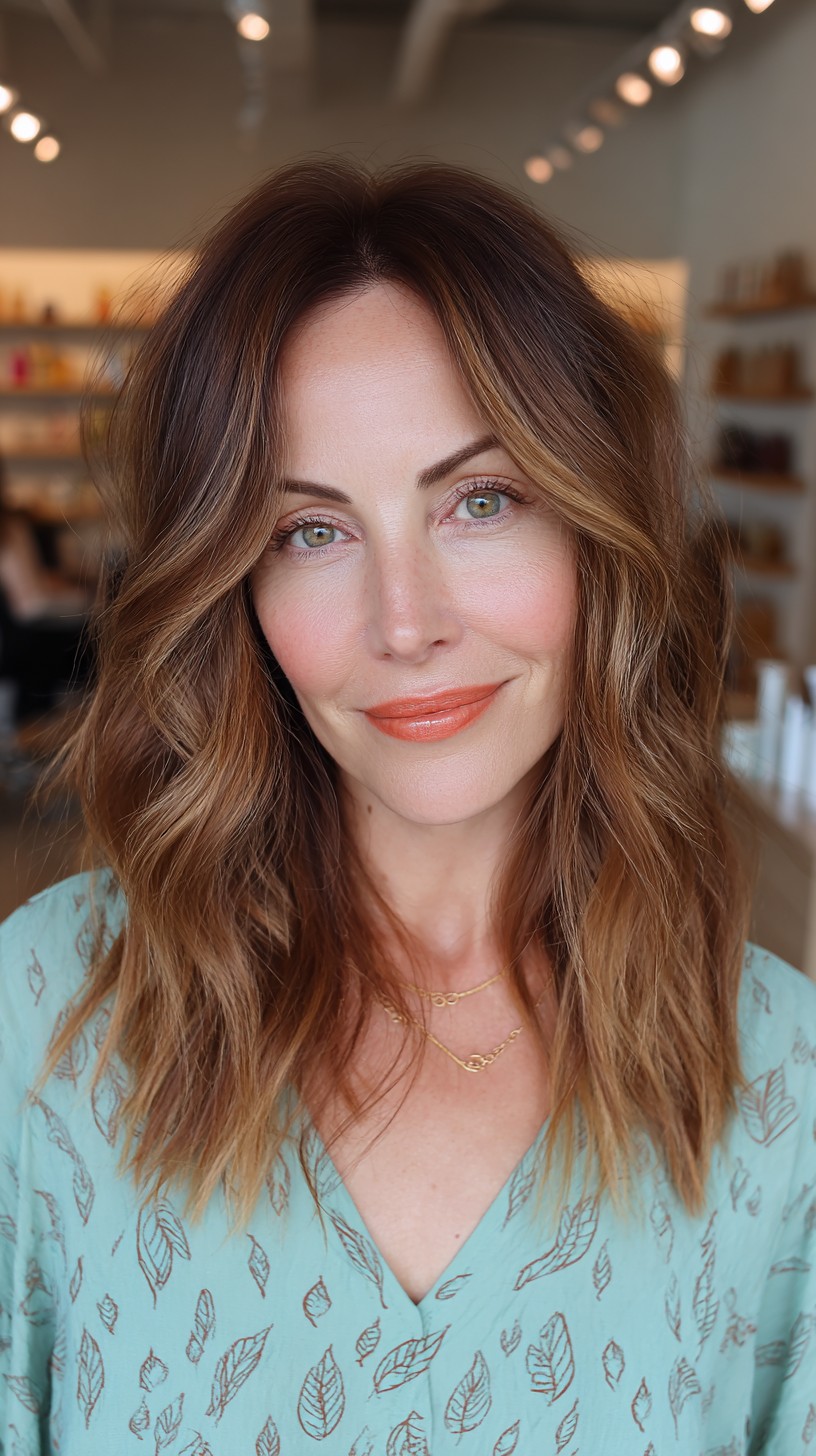 Warm Cinnamon Balayage with Soft Waves
