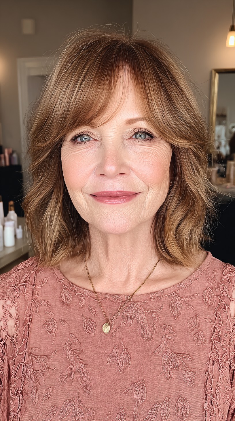 Warm Copper Soft Waves with Wispy Bangs