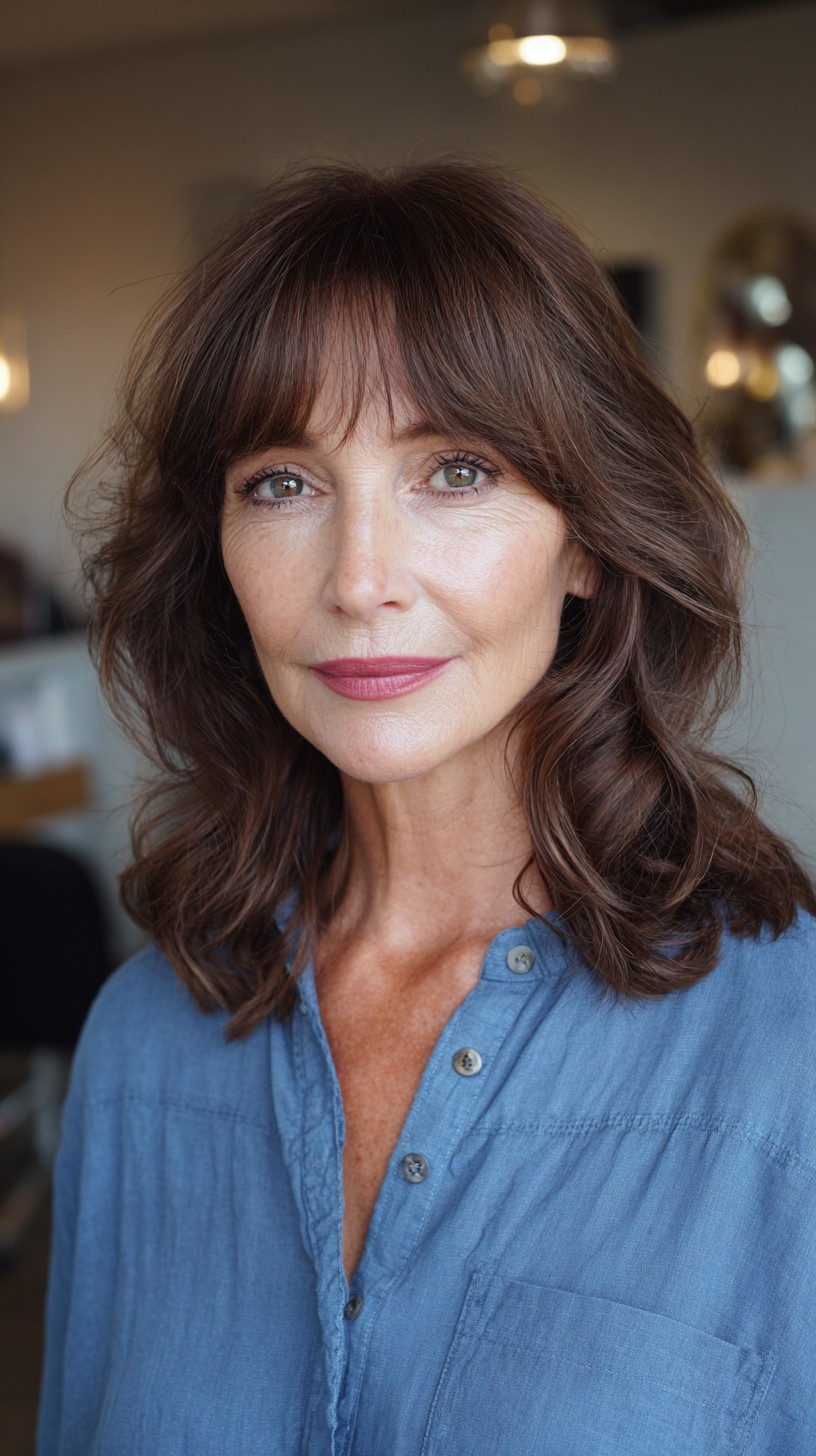 Brunette Cascade with Feathered Wispy Bangs