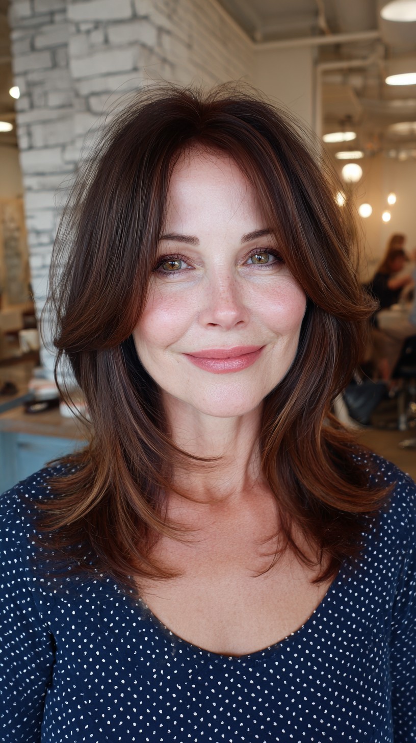 Brunette Feathered Layers with Subtle Highlights