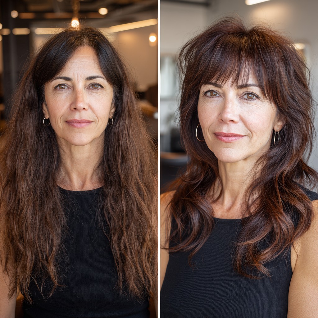 Brunette Layered Cut with Side-Swept Bangs