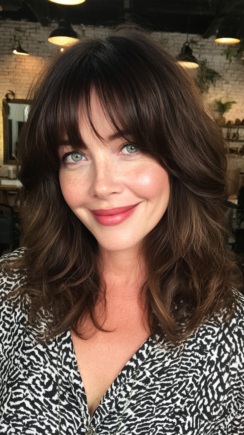 Brunette Layers with Soft Bangs and Textured Waves