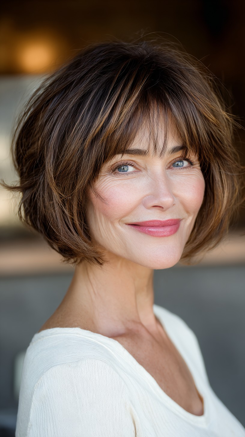 Brunette Textured Bob with Lightened Edges