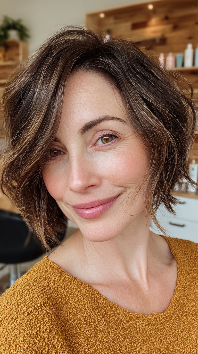 Brunette Tousled Bob with Soft Highlights