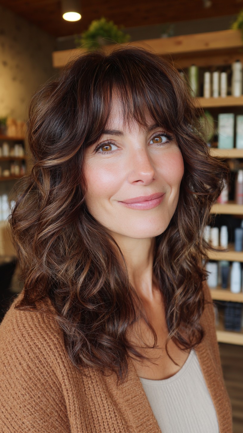 Brunette Waves with Curtain Bangs and Subtle Highlights