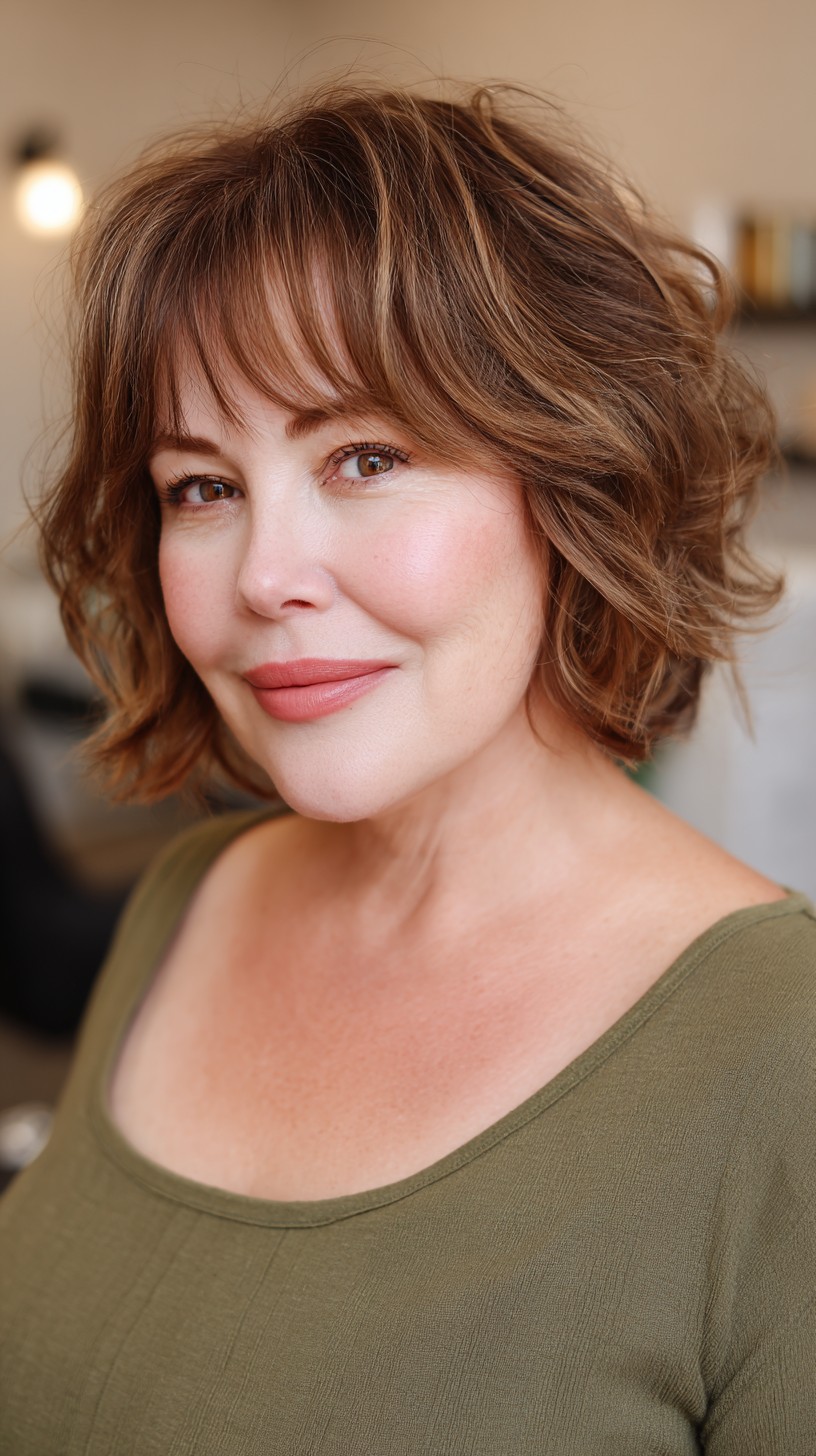 Brunette Wavy Bob with Feathered Bangs
