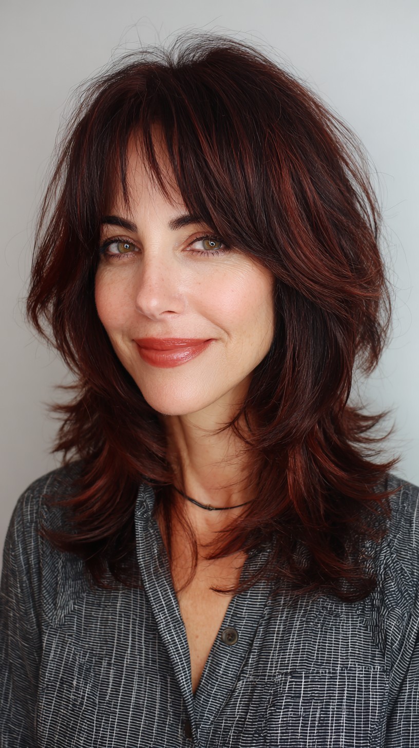 Burgundy Layered Waves with Wispy Bangs