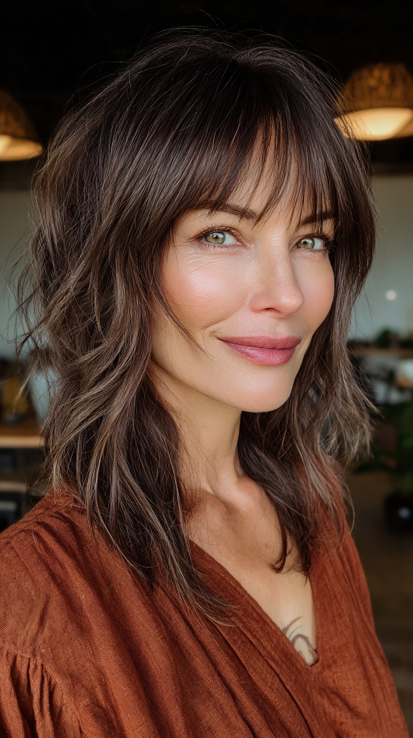 Casual Chestnut Waves with Soft Feathered Bangs