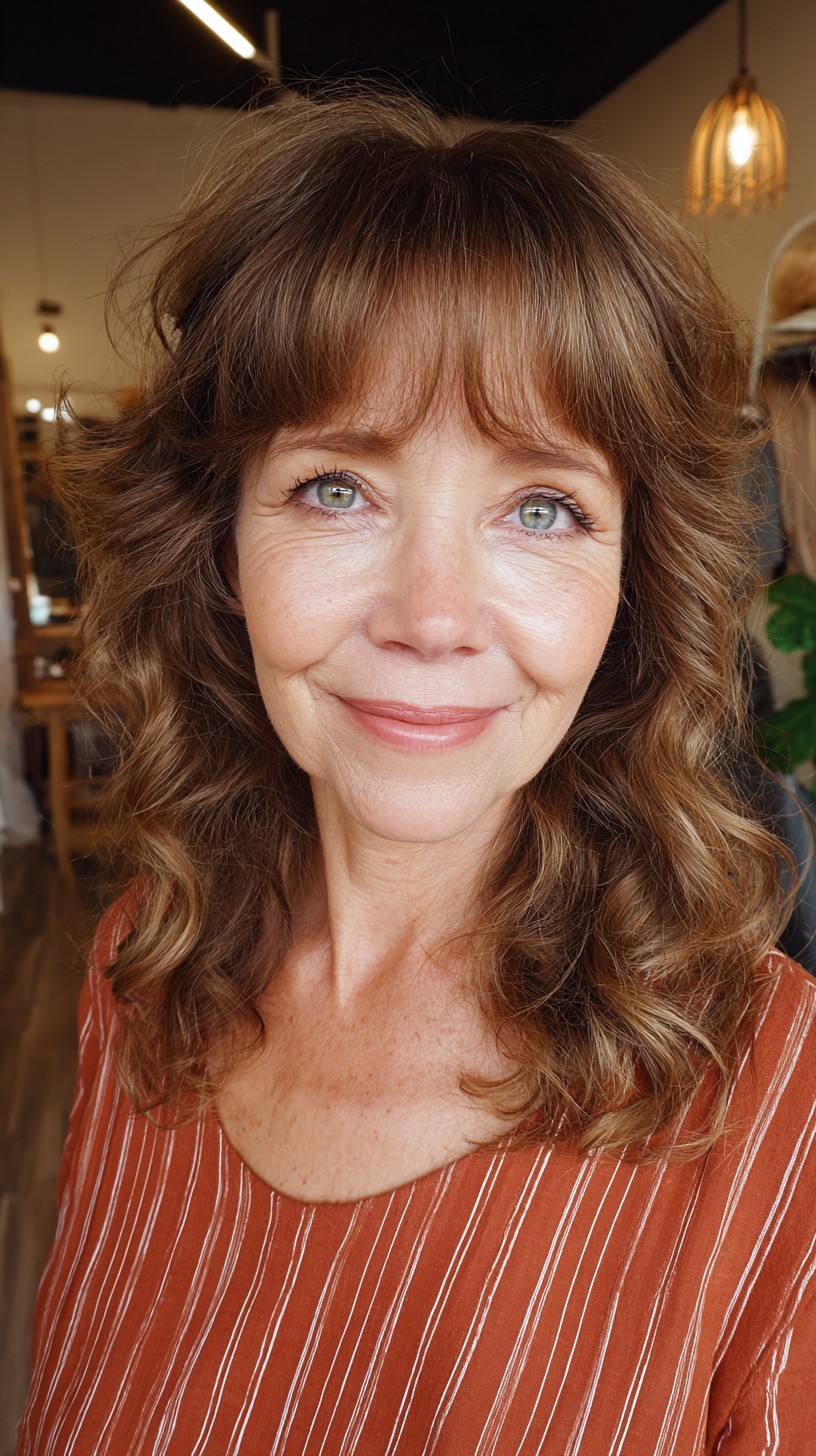Charming Chestnut Curls with Velvety Bangs