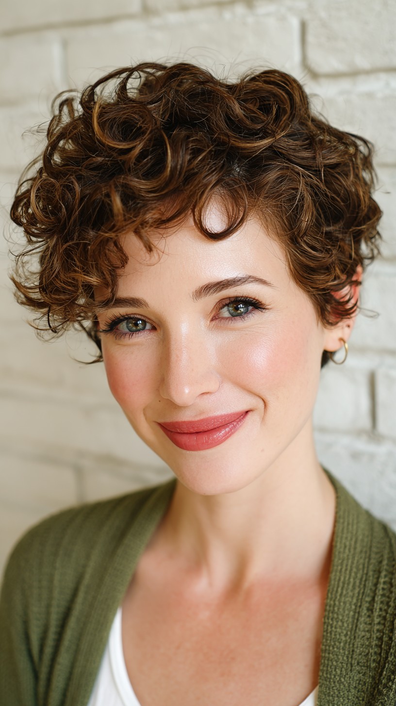Charming Copper Curly Bob with Side-Swept Bangs