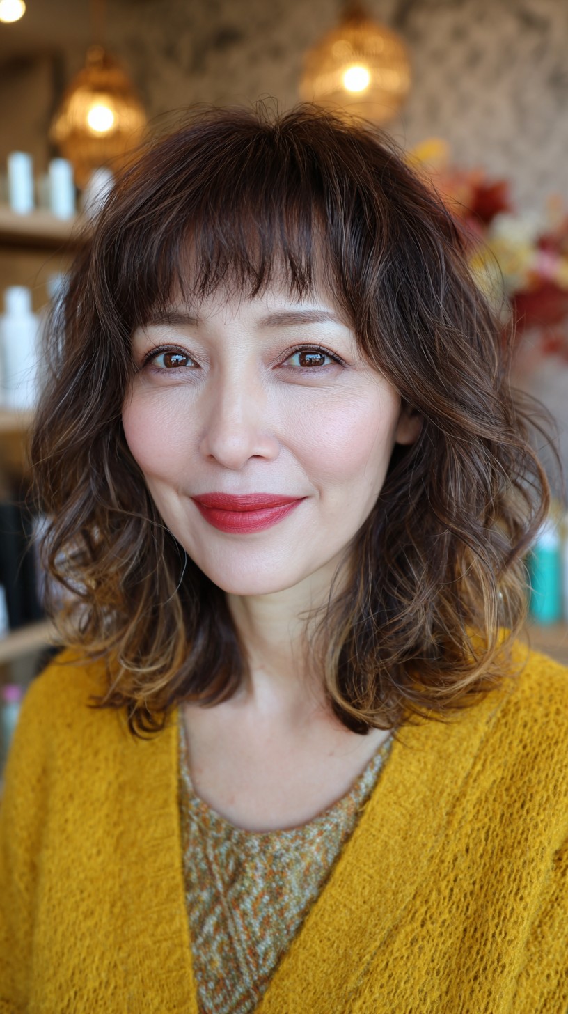 Chic Caramel Highlights with Soft Wispy Bangs