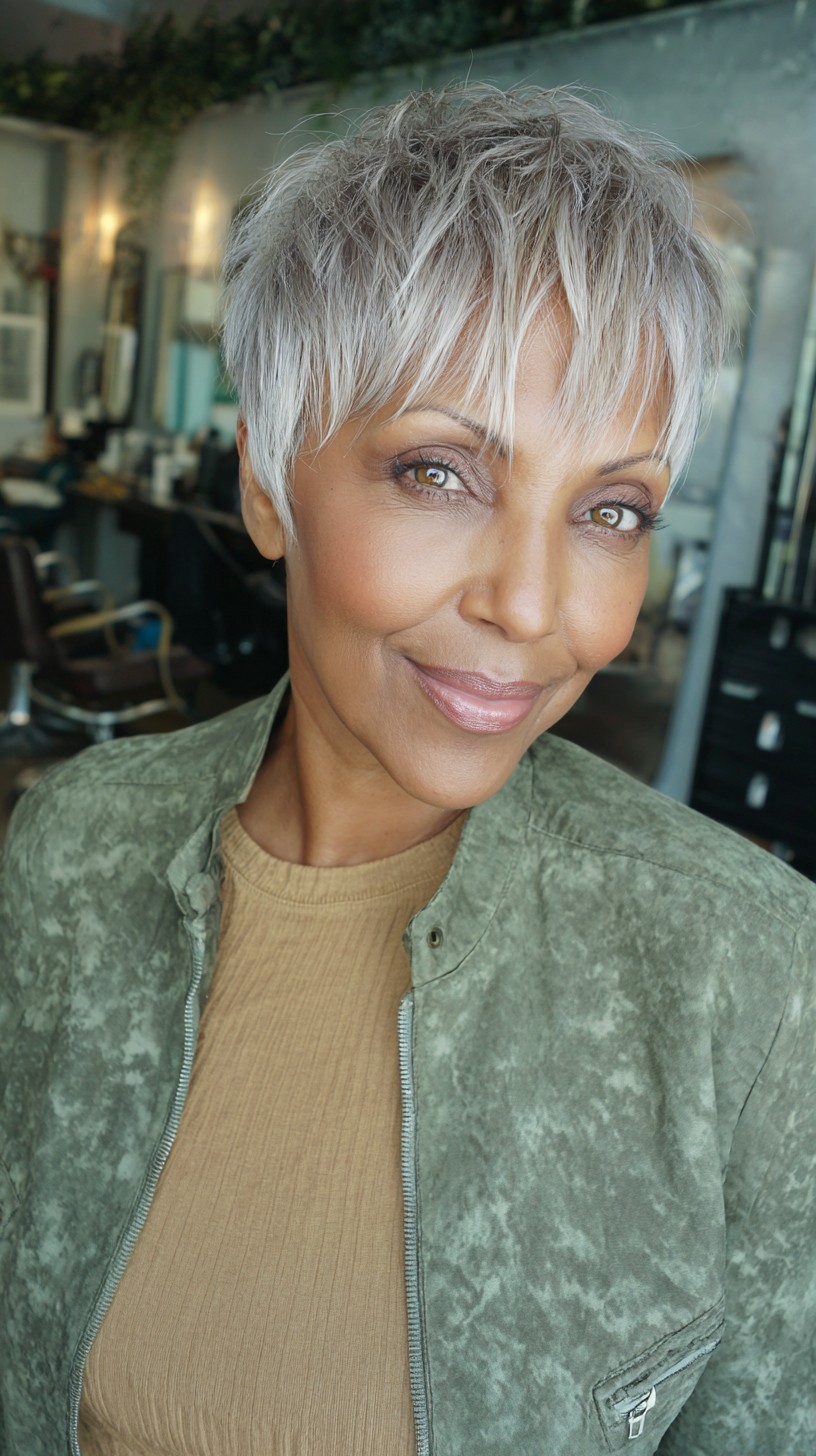 Chic Salt-and-Pepper Pixie with Soft Wispy Bangs