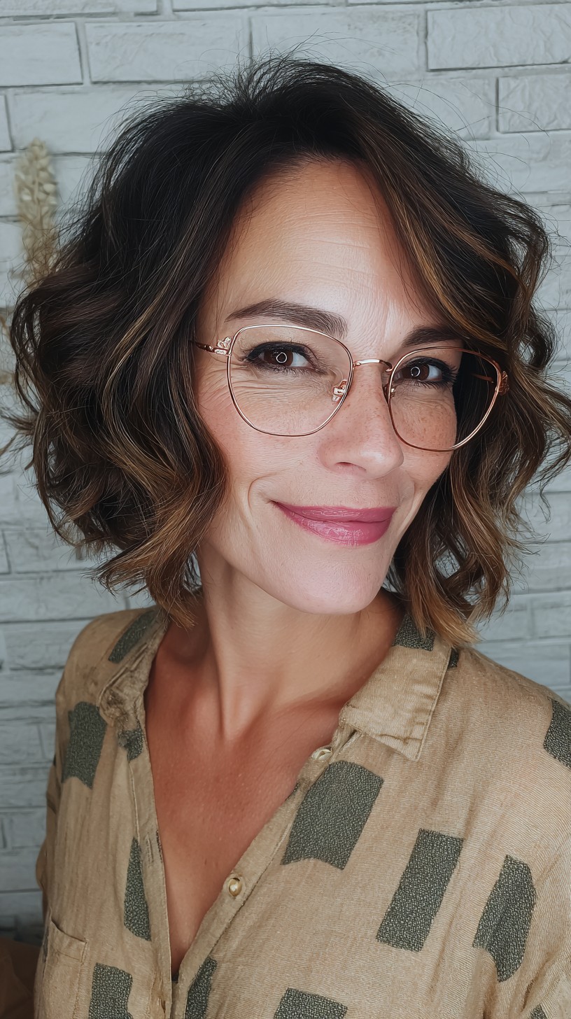 Chic Wavy Brunette Bob with Natural Highlights