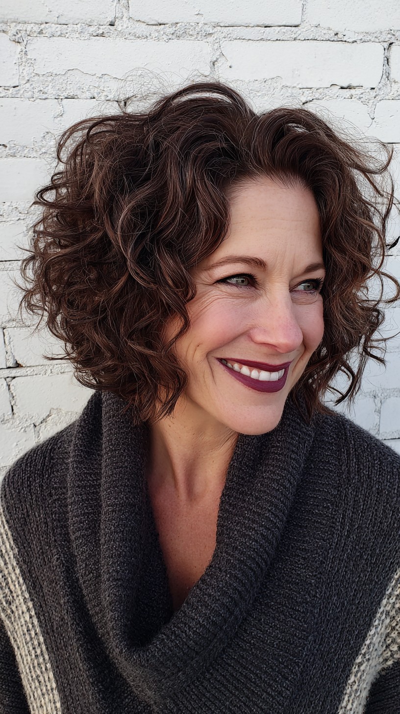 Chocolate Brown Curly Lob with Textured Volumes