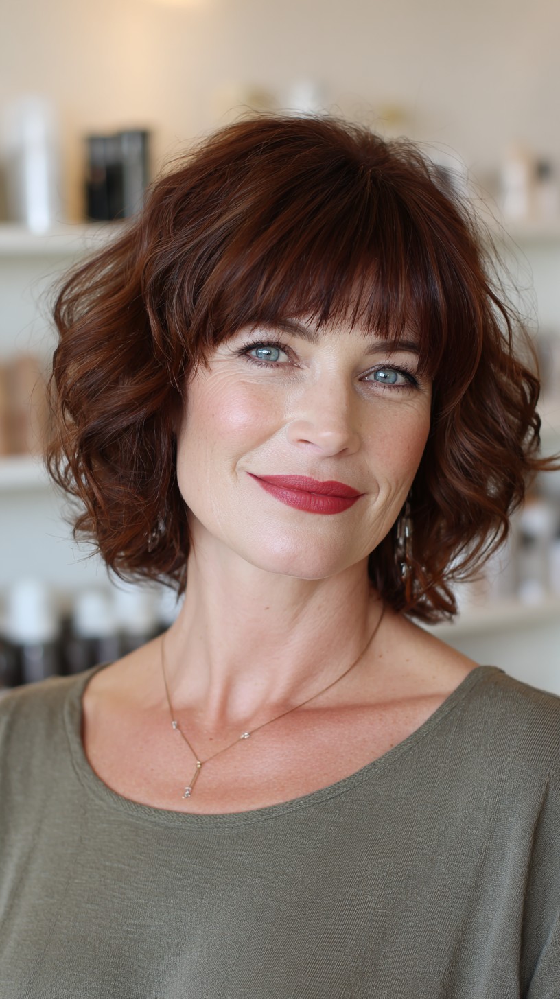 Dynamic Auburn Waves with Playful Bangs