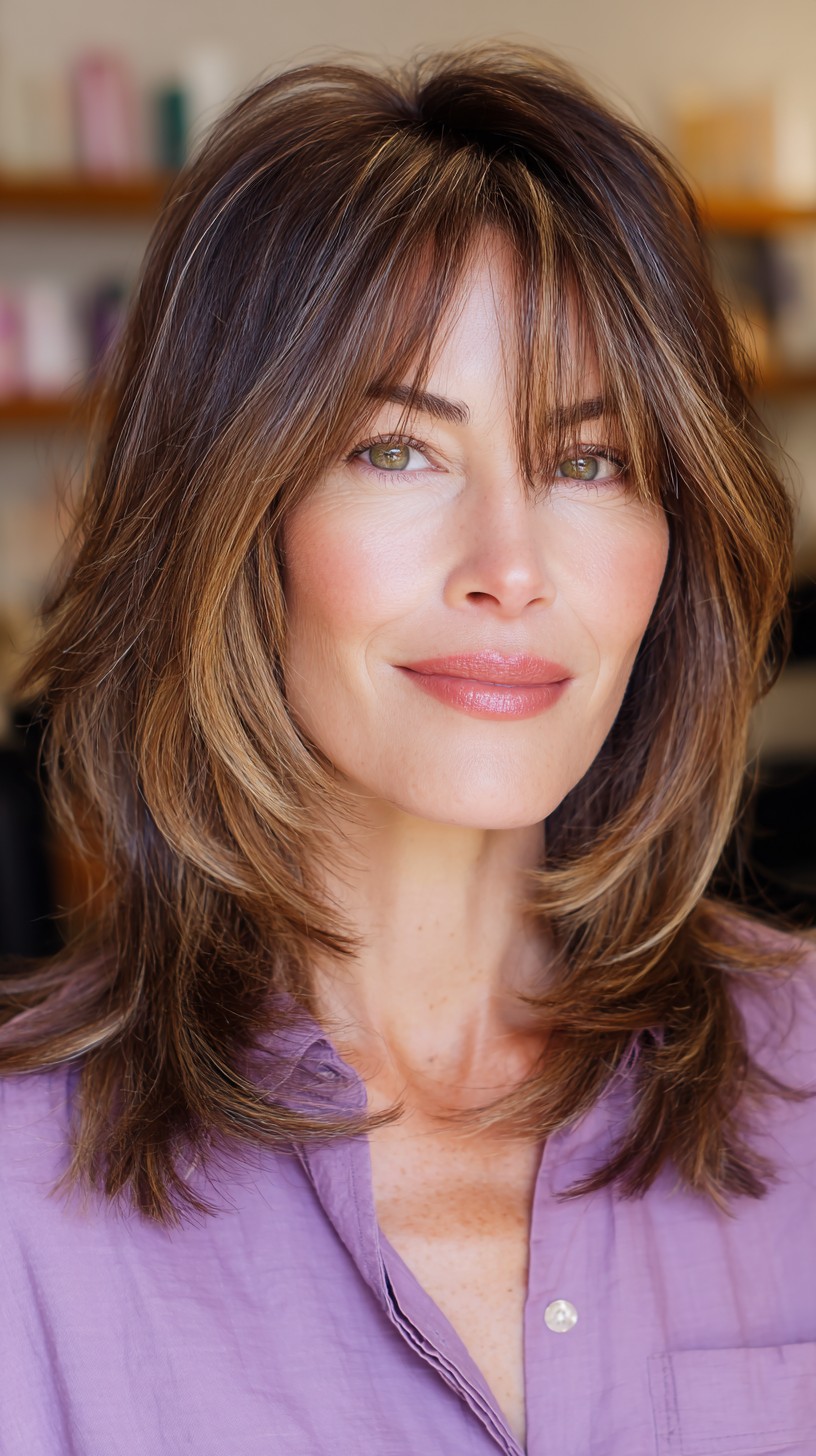 Dynamic Chestnut Layers with Wispy Bangs
