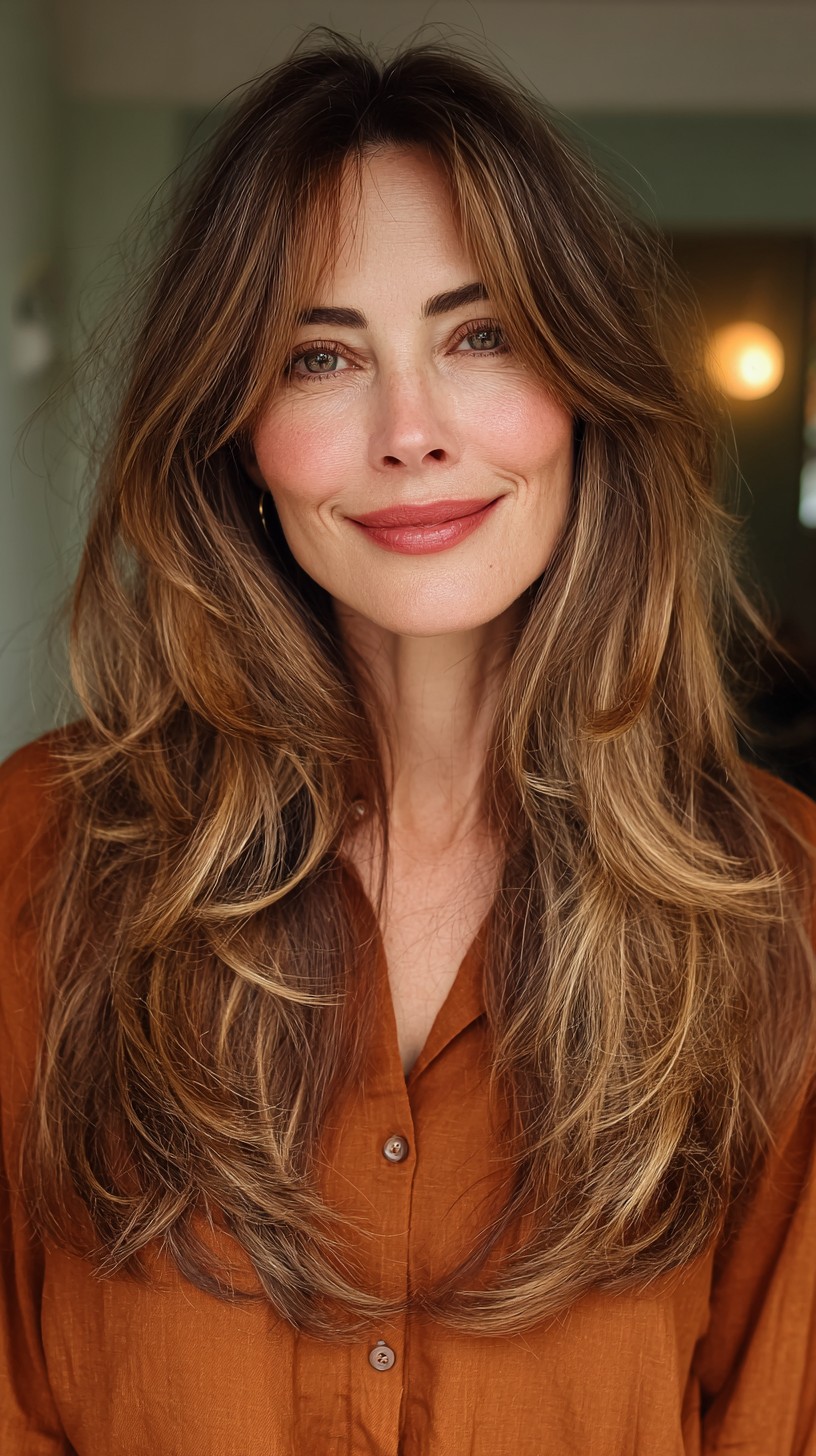 Effortless Chestnut Waves with Soft Balayage Highlights