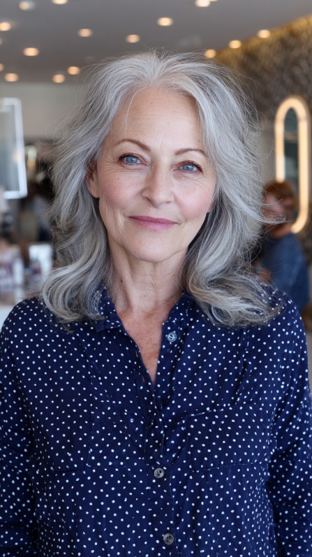 Elegant Silver Feathered Waves for Mature Hair
