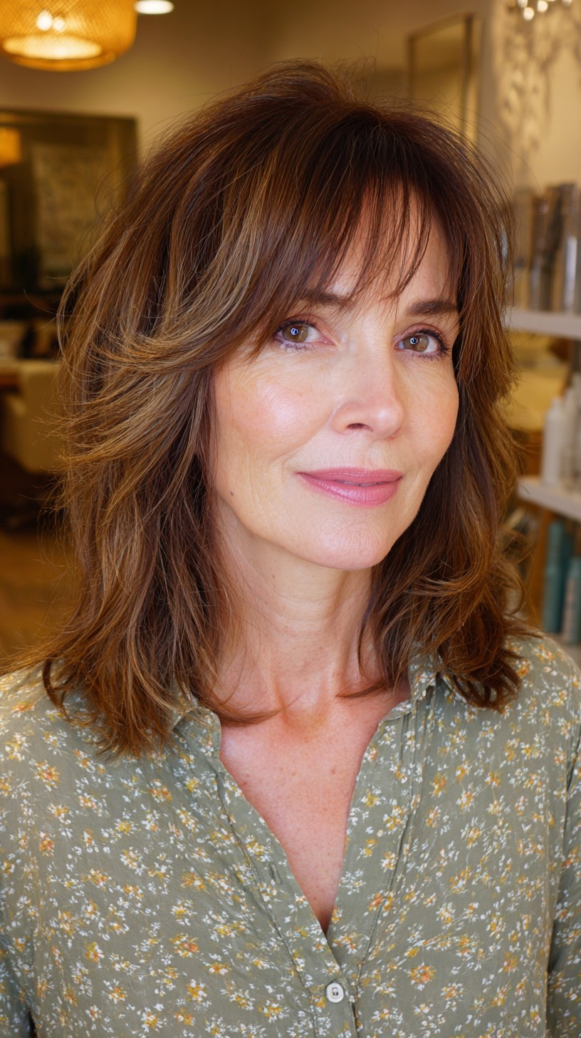 Flowing Chestnut Waves with Light Wispy Bangs