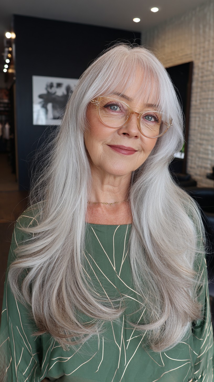 Flowing Silver Layers with Wispy Bangs