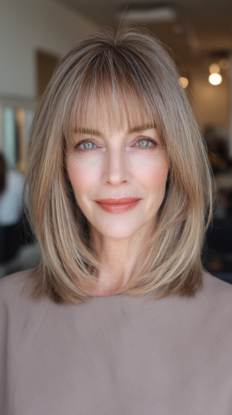 Glossy Ash Blonde Layered Cut with Wispy Bangs