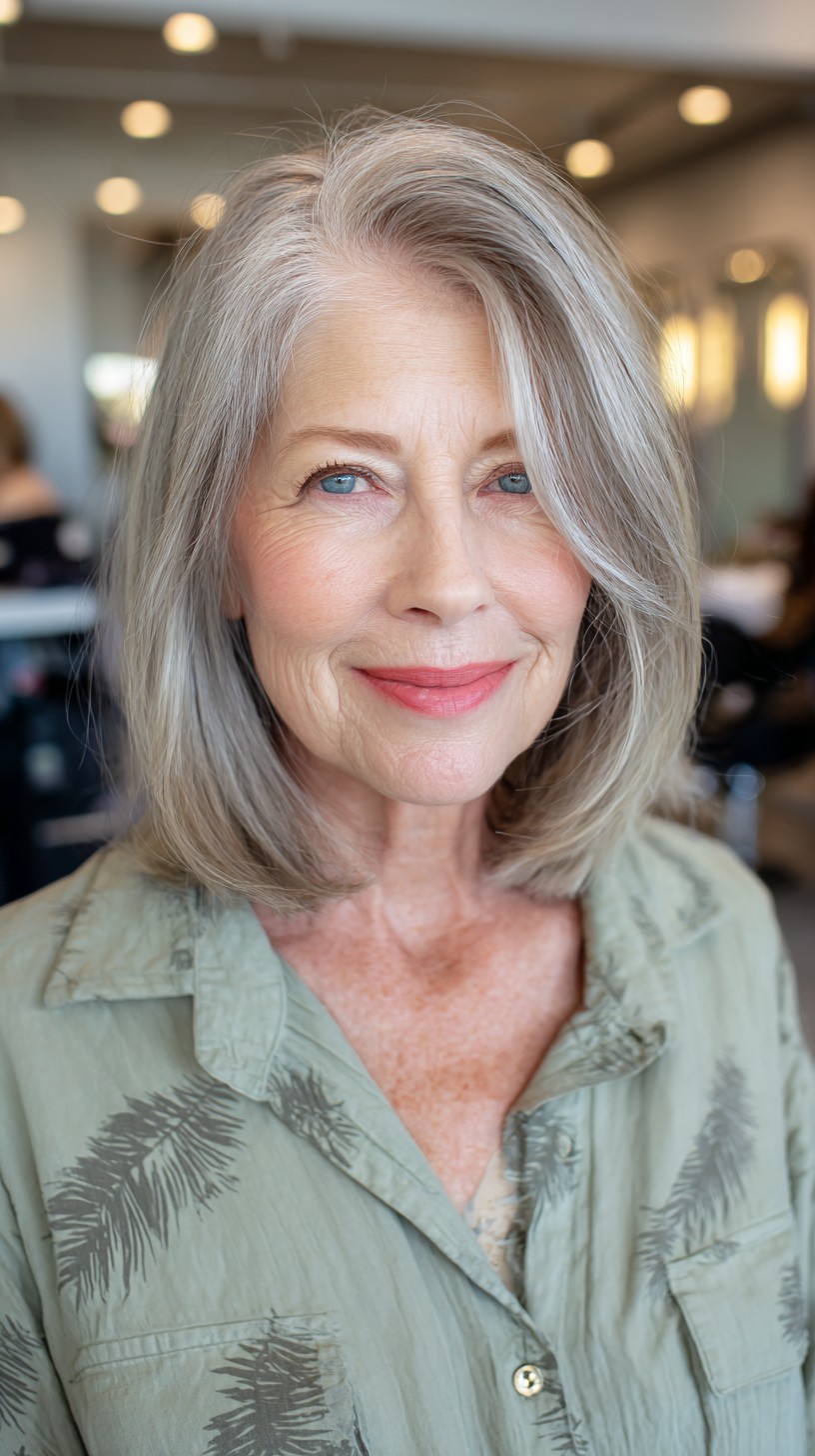 Graceful Silver Textured Lob with Face-Framing Layers