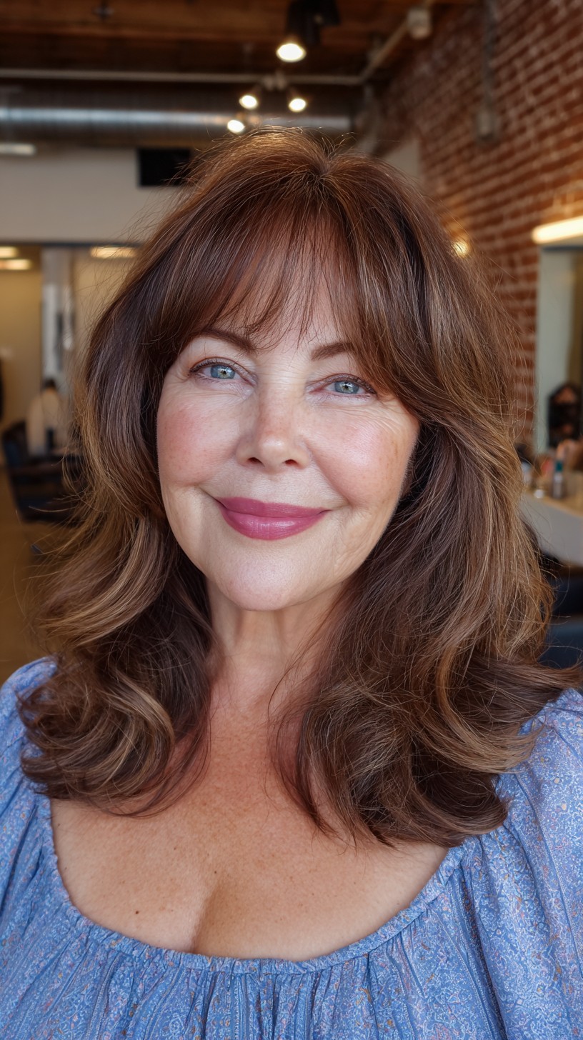 Lustrous Chestnut Waves with Feathered Bangs