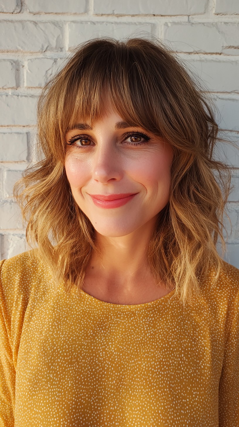 Lustrous Golden Layered Bob with Curtain Bangs