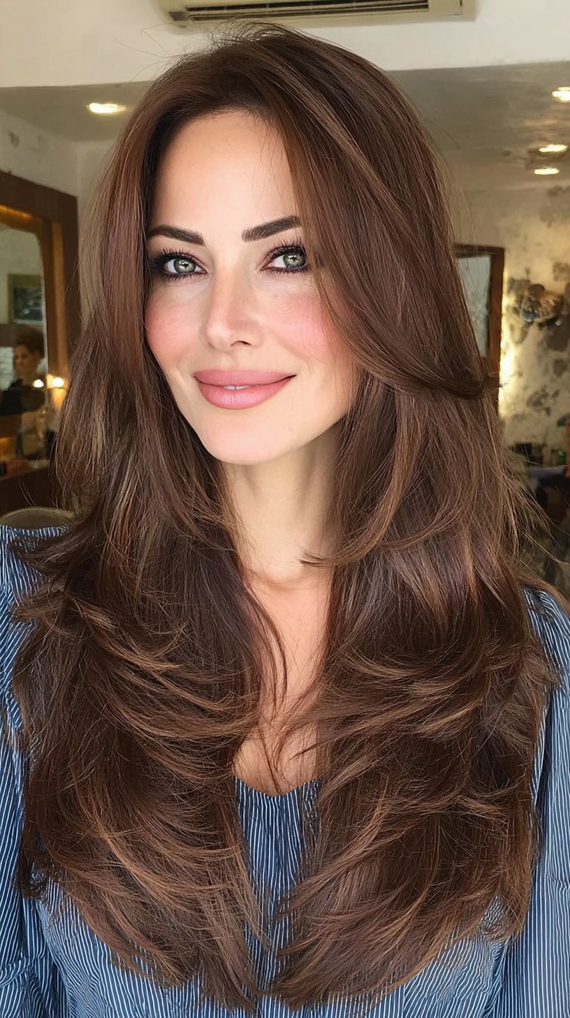 Luxurious Chestnut Layered Waves with Side Sweep